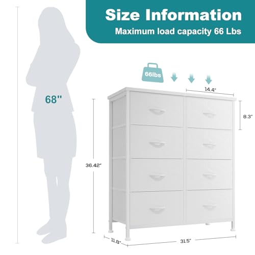 OLIXIS 8 Drawer Storage Dresser with Wood Top - Wide Fabric Chest Organizer for Bedroom, Closet, Living Room,Tower Cabinet, TV Stand, Hallway Entryway Furniture,White OLIXIS