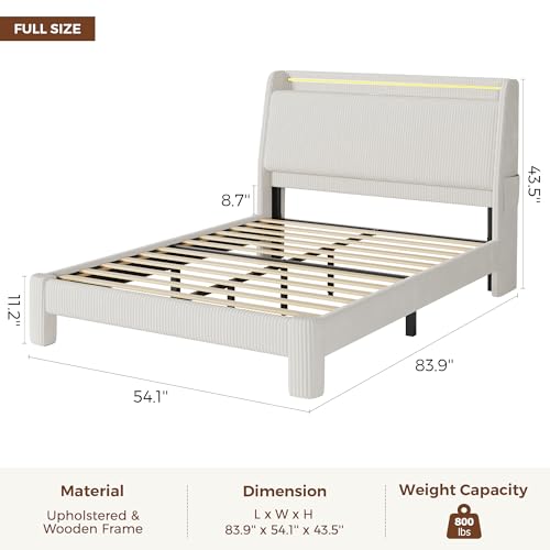 Jocoevol Upholstered Full LED Bed Frame with Hidden Storage Headboard and Charging Station, Corduroy Platform Bed with Wingback, Heavy Duty Wood Slats, No Box Spring Needed, Noise-Free, Beige Jocoevol
