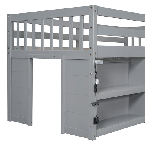 Harper & Bright Designs Low Loft Bed with Storage Shelves and LED Light for Kids, Twin Size, Gray Harper & Bright Designs