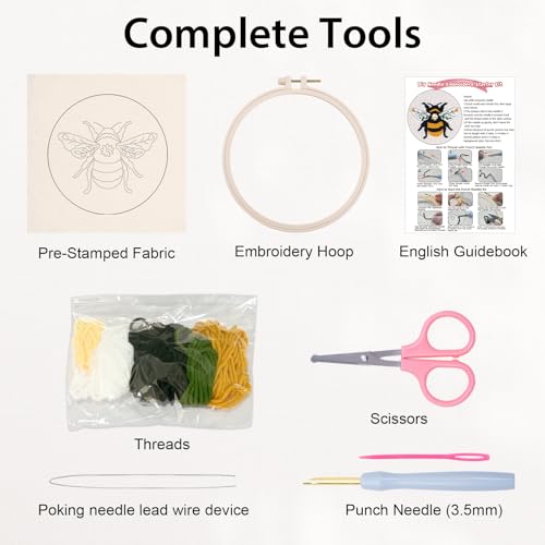 Nuberlic Punch Needle Kit for Beginners Cute Bee Pattern DIY Hoop Embroidery Punch Needle Starter Craft Set with Pre-Printed Fabric, Yarn, Frame & Tools Step-by-Step Introduction
