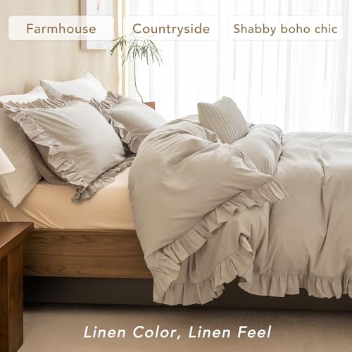 QSH Washed Cotton Queen Duvet Cover Set Ruffle Duvet Cover Linen Textured Farmhouse Shabby Vintage Chic Bedding Comforter Cover 3 PCs Aesthetic French Country Queen Bed Set QSH