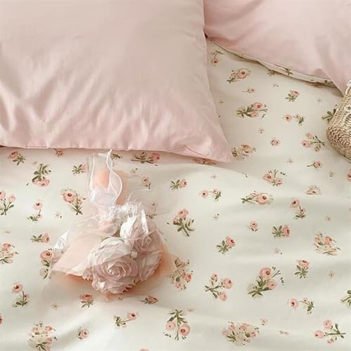 Sedefen Pink Floral Duvet Cover Full Size Romantic Flower Green Botanical Bedding Set 3Pcs Kids Boys Girls Spring Garden Aesthetic Flowers Soft Breathable Microfiber Comforter Cover with 2 Pillowcases Sedefen