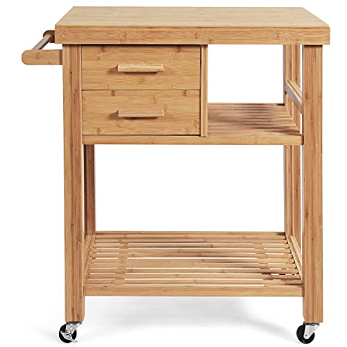 PETSITE Bamboo Kitchen Island Cart, Butcher Block Table on Wheels with Drawers, Shelves, Towel Rack PETSITE