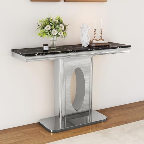 ModaWhly 47 Inch Console Table with Black Rectangular Faux Marble Top, Modern Sofa Entryway Table with Silver Stainless Steel Base for Living Room, Hallway, Entrance ModaWhly