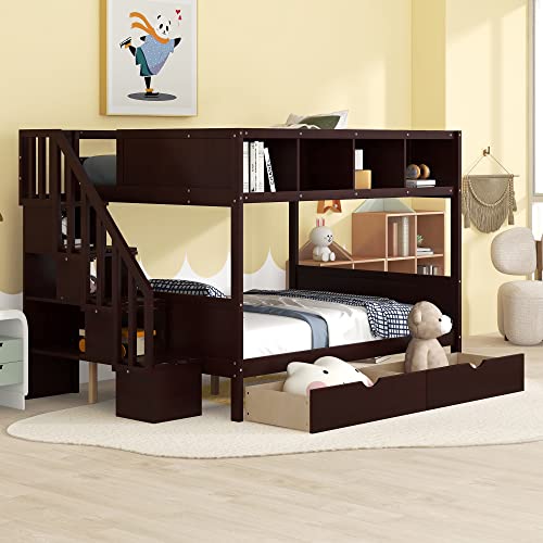Harper & Bright Designs Twin Over Full Wood Bunk Bed with Drawers and Built-in Storage Cabinets for Kids Girls Boys,Espresso Harper & Bright Designs