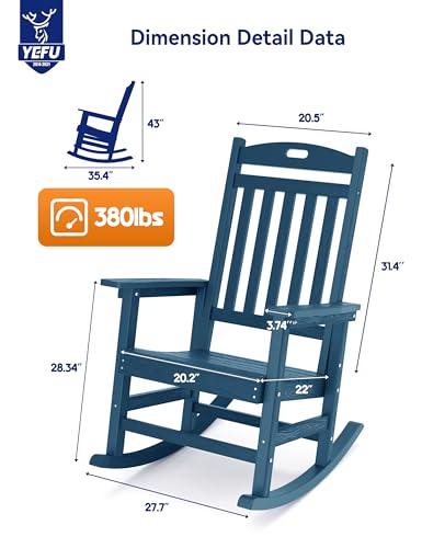 YEFU Outdoor Rocking Chair Oversized,Seat Depth 22",Backrest Height 31",Patio Poly Wide Rocker Chair with 380lbs Weight Capacity,Weather Resistant,for Lawn,Porch,Backyard,Indoor and Garden(Navy Blue) YEFU