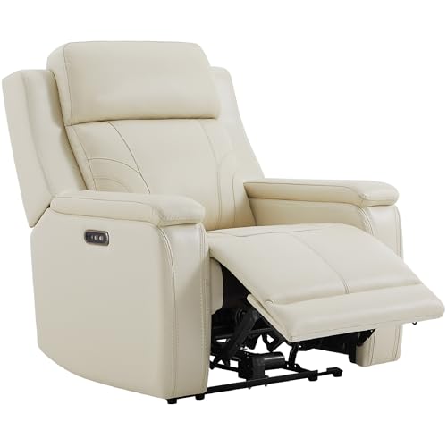 Watson & Whitely Genuine Leather Electric Recliner Chairs for Adults, Lay Flat Recliner with Power Headrest & Chargers for Living Room, Cream