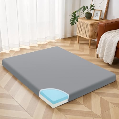 HOMBYS Japanese Floor Mattress Futon, 6" Thick Tatami Sleeping Pad with Memory Foam + High-Density Support Foam, Foldable Roll Up Mat for Adults Kids, Guest Bed Dormitory Tent Camping, Grey HOMBYS