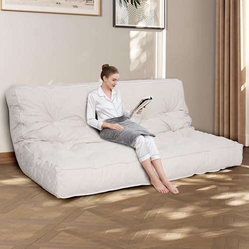 KOZIDO 8” Queen Size Futon Mattress Sofa Bed, Extra Thick Foldable Floor Mattress, Shredded Foam Filling for Adults/Teens/Pets with No Assembly Needed, Frame Not Included - Beige KOZIDO