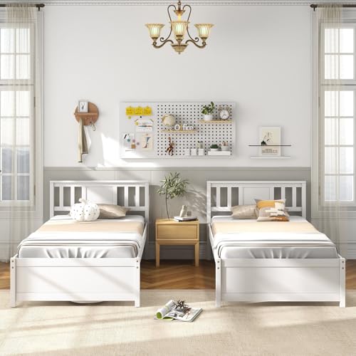 Giantex Wood Twin Bed Frames with Headboard, Mid Century Solid Wood Platform Bed with Wood Slat Support, Single Panel Bed, No Box Spring Needed, Twin Bed Frames for Kids, White Giantex
