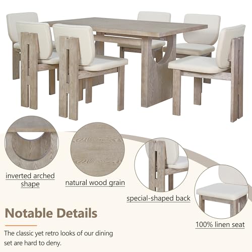 Merax Wood Dining Table Set for 6, Rectangular Tabletop/Upholstered Chairs/Retro Geometric Design, Ideal for Dining-Room and Kitchen, Natural Merax