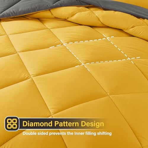 Cosybay Bed in a Bag Full Reversible Comforter Sets 7pcs All Season Down Alternative Bedding Sets Yellow and Grey with Comforter, Pillow Shams, Flat Sheet, Fitted Sheet and Pillowcase Cosybay
