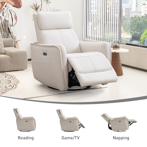 Bonzy Home Power Swivel Rocker Recliner Chair with USB Port, Wide Seat, Head & Lumbar Support, Upholstered Glider Chair for Living Room, Nursery, Bedroom, Cream White