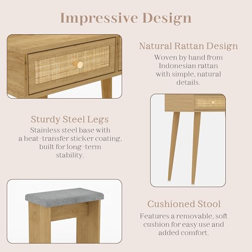 Brafab Small Vanity Desk with Stool for Bedroom, Boho Rattan Compact Makeup Vanity Table with 3 Modes Adjustable LED Mirror, 31" Space Saving Dressing Table Vanity Set, Natural Wood Brafab