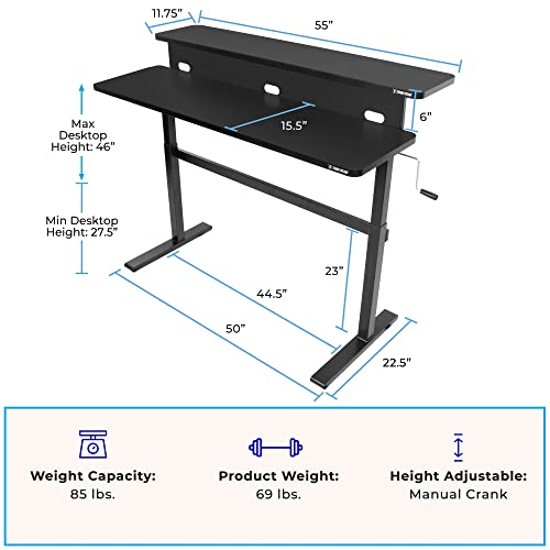 Stand Steady Tranzendesk | 55 Inch Dual Level Standing Desk with Shelf | Easy Crank Height Adjustable Sit to Stand Desk | Stand Up Workstation with Monitor Riser for Home & Office (55in / Black) Stand Steady