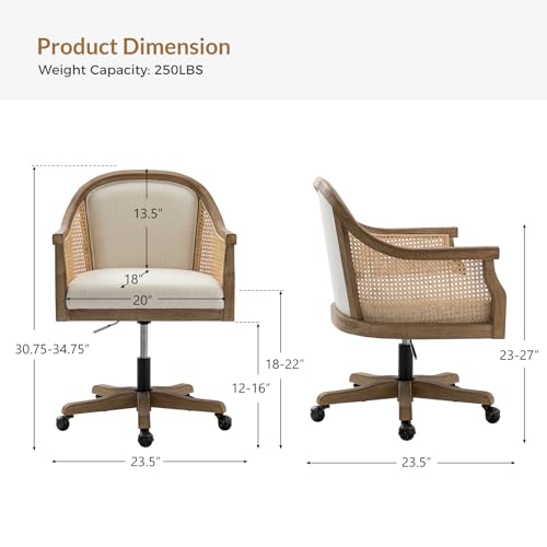 TINA'S HOME Rattan Desk Chair, Upholstered Home Office Chair with Armrest, Adjustable Swivel Rolling Height Computer Task Chair for Living Room Bedroom Study Room, Ivory TINA'S HOME