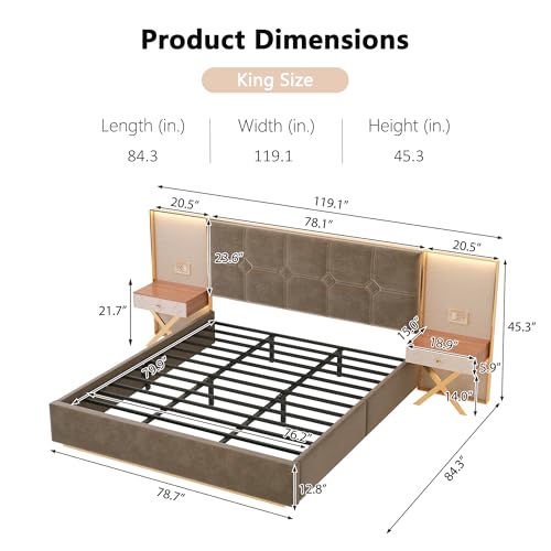 Olodumare Luxury Modern Bed Frame with Velvet Headboard, 2 LED Lights & Floating Nightstands, King, Coffee | Sturdy Wood & Metal Platform Bed, No Box Spring Needed Olodumare
