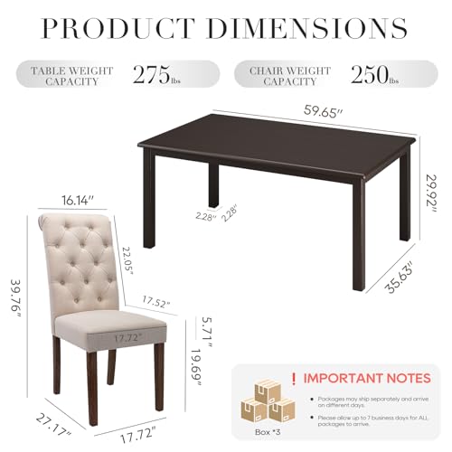 COLAMY 5-Piece Dining Table Set for 4, 60" Rectangular Farmhouse Kitchen Wood Table with 4 Tufted Dining Room Chairs, Brown/Beige COLAMY