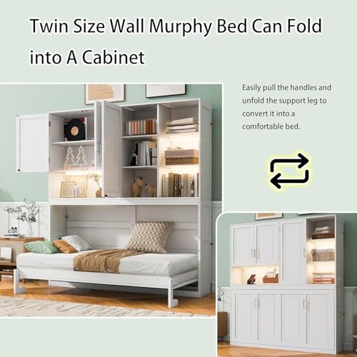 MERITLINE Twin Horizontal Murphy Bed with Storage Cabinet, LED Light and Charging Station,Wood Folding Murphy Wall Bed Cabinet with Bookcase and Shelves for Adult (White) MERITLINE