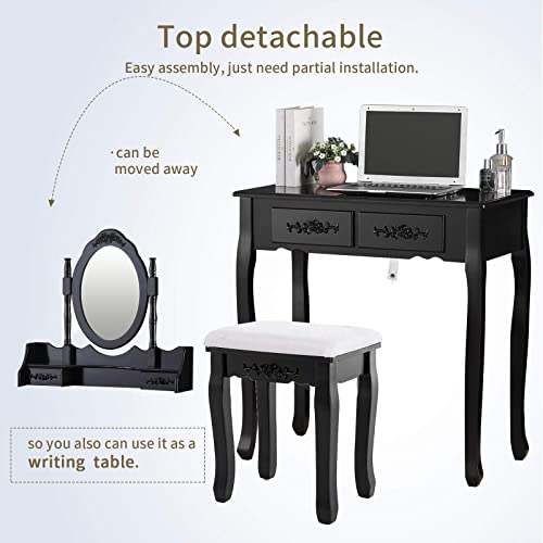 Mecor Vanity Table,Makeup Dressing Table with Oval Mirror,Bedroom Vanity Set w/Cushioned Stool 4 Drawers Women Girls Kids Black mecor