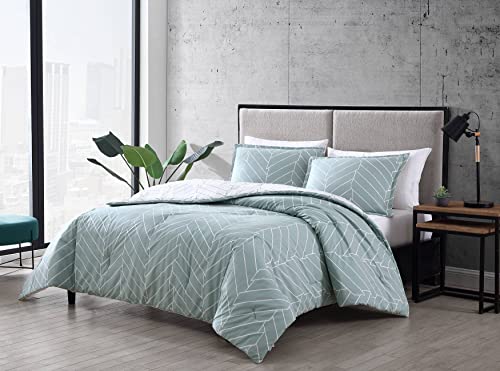 City Scene - King Comforter Set, Soft & Reversible Cotton Bedding for Year Round Comfort, 3 Piece Bed Set with Matching Pillowcases (Ceres Mint) City Scene