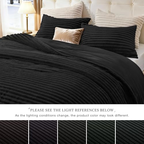 EXQ Home Fluffy Comforter Set Queen Size - Super Soft Faux Fur Stripe Jacquard Comforter 3 Pieces, Black Fleece Bedding Set,Winter Warm Bed Set,1 Comforter with 2 Pillowcases EXQ Home