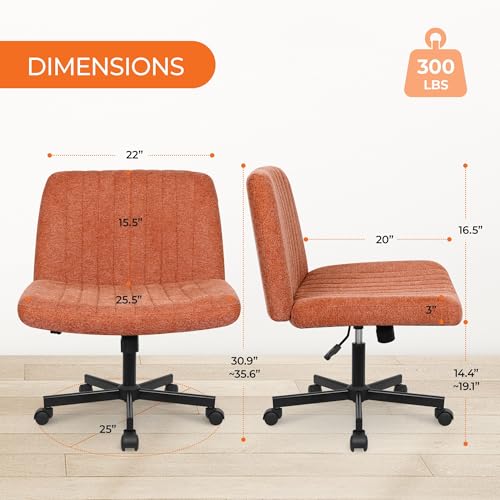 Orange Factory Criss Cross Chair Wheels Wide Cross Legged Office Desk Vanity Chair Comfy Fabric Armless Adjustable Swivel for Home Computer Task (Brown) Orange Factory