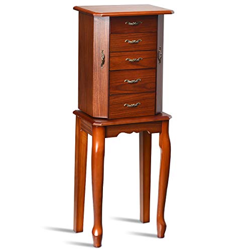 Giantex Standing Jewelry Cabinet Armoire with Top Flip Mirror, Jewelry Storage Organizer with 2 Side Doors for Necklaces, Jewelry Armoire Box Chest for Women Girls, Walnut Giantex