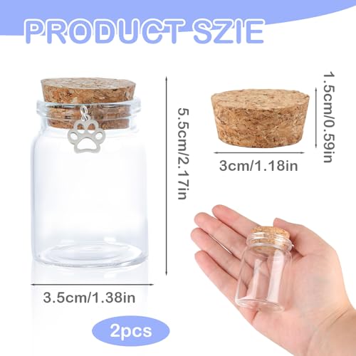 2PCS Pet Fur and Hair Keepsake Bottle, Pet Hair Memorial Bottle, Preserve Precious Memories, Glass Keepsake Bottle with Dog Paw Pendant Remembrance for Dogs, Cats, Horses, Small Mammals (3.7cm x 5cm)