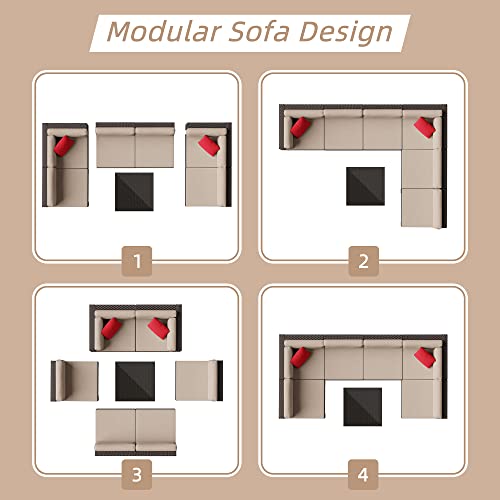 Shintenchi 7 Pieces Patio Furniture Sets Outdoor All-Weather Sectional Patio Sofa Set PE Rattan Manual Weaving Wicker Patio Conversation Set with Glass Table&Ottoman Cushion and Red Pillows, Beige Shintenchi