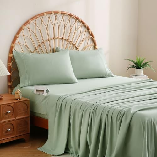 JSD Sage Green Full Sheet Set with Side Pocket Corner Straps, 4 Piece Soft Microfiber Bed Sheets Extra Deep Pocket JSD