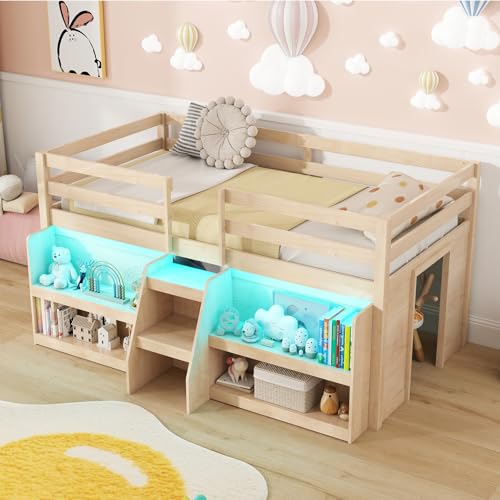 Giantex Low Loft Bed with LED Lights, Wooden Twin Loft Bed with Stairs & Safety Guardrail, Loft Bed Twin Size with Storage Bookcase and Under-Bed Play Space, Loft Bed for Kids (Natural) Giantex