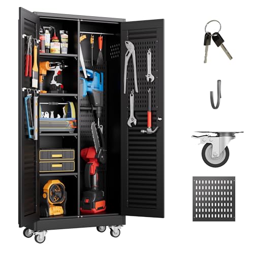 GangMei Metal Broom Closet Storage Cabinet with Hanging Rod, Garage Storage Cabinet with Wheels and 4 Shelves, Pegboard and 13 Hooks for Garage Home, Black, Assembly Required GangMei