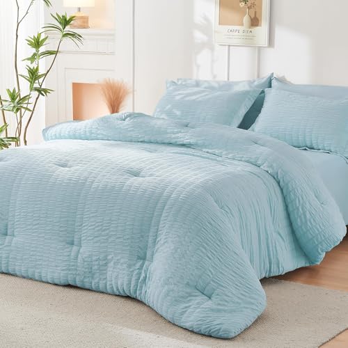 HYMOKEGE Lake Blue Queen Comforter Set Seersucker 7 Pieces, All Season Luxury Bed in a Bag for Bedroom, Bedding Set with Comforters, Sheets, Pillowcases & Shams HYMOKEGE