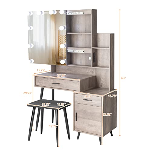 VINGLI Vanity Desk with Sliding Mirror & Lights & Charging Station & Drawers & Shelves & Door, Farmhouse Modern Makeup Vanity Set with Stool (Rustic Gray, 39'' x 16'' x 63'', Bench Included) VINGLI