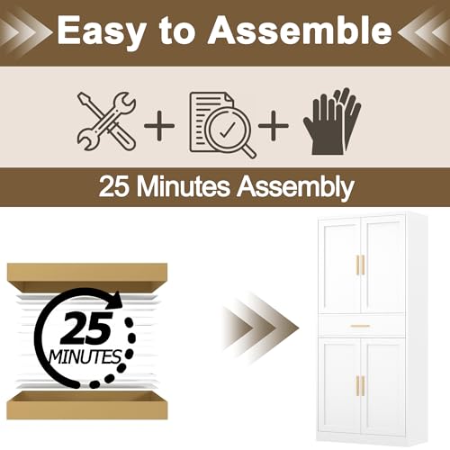 TaskStorz 71" Tall Kitchen Pantry Cabinet, Metal Kitchen Pantry Storage Cabinet with Drawer and 2 Adjustable Shelves, Freestanding Pantry Cupboard for Living, Dining Room, White TaskStorz