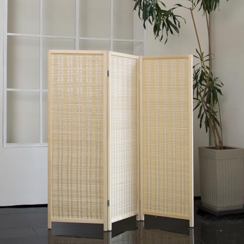 Loomveil 3 Panel Short Room Divider Folding Screen,47 inch Bamboo Panel Divider for Home Partition,Beige Loomveil