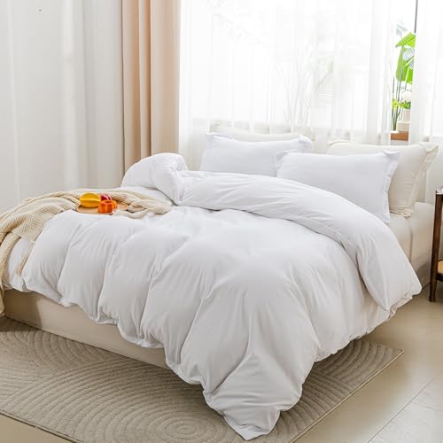 SheRest White Duvet Cover Full Size - Soft Brushed Microfiber, 3 Pieces, 1 Duvet Cover 80x90 Inches with Zipper Closure 8 Ties & 2 Pillow Shams, Breathable Bedding Set for All Season (No Comforter) SheRest