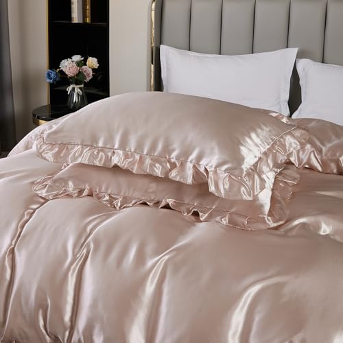 Silk Like Satin Bedding Twin Light Pink Duvet Cover Set Soft Silky Ruffle Comforter Cover Sexy Hotel Silky Bedding Sets 1 Duvet Cover 1 Pillowcase (Twin, Light Pink) Bedding_Dreamer