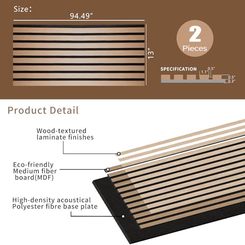 Acoustic Wood Panels for Wall - Modern Wood Slat Wall Panel, Wood Slat Panels for Wall, Noise Cancelling & Absorbing Wooden Veneer Panels, 94.49” x 13” Each, 0.82” Depth (2Pcs) (Oak_ZFH02) KVENI