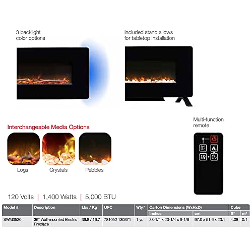 Dimplex Winslow Wall Mounted Electric Fireplace, 35" Inch, Black, 1400W - Modern Wall Electric Fireplace with Heater, Multiple Media Options, Remote Control - Slim Fireplaces for Living Room, Bedroom DIMPLEX