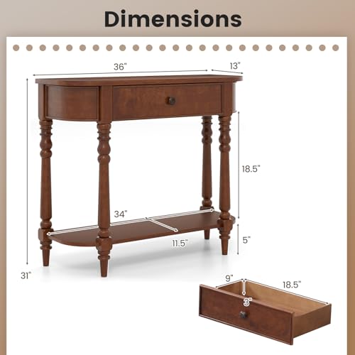 Giantex 2-Tier Console Table, 36" Retro Entryway Table with Storage Drawer & Elegant Legs, Narrow Wooden Sofa Table with Open Shelf for Living Room, Foyer, Hallway, Bedroom, Entrance (Brown) Giantex