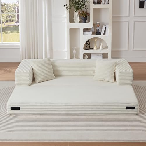 78-Inch Boneless Sofa in a Box, Foldable 2 Seat Foam Couches Corduroy Floor Cloud Loveseat Sofa with Wide Armrest and 2 Back Pillows, No Assembly Required ERYE