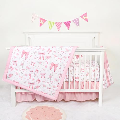 Jundetye Floral Crib Bedding Set for Girls, 4 Pieces Pink Baby Nursery Bedding Set for Standard Size Crib, Including Soft Comforter, Crib Sheet, Ruffled Crib Skirt, Diaper Stacker Jundetye