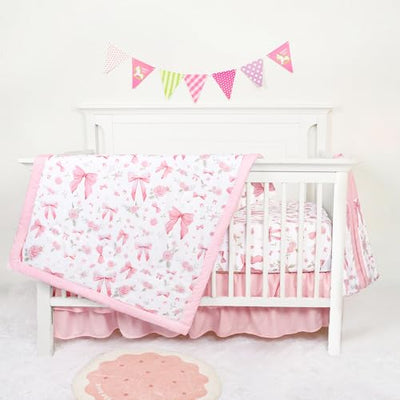 Jundetye Floral Crib Bedding Set for Girls, 4 Pieces Pink Baby Nursery Bedding Set for Standard Size Crib, Including Soft Comforter, Crib Sheet, Ruffled Crib Skirt, Diaper Stacker