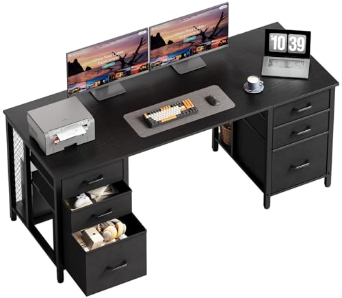 ODK 63 Inch Office Desk with 6 Fabric Drawers, Large Computer Desk for Home Office with Hidden Storage Shelves, Black ODK