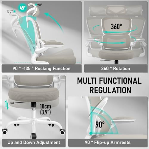 BESTFAIR High Back Ergonomic Office Chair, Breathable Mesh Desk Chair with Lumbar Support, Adjustable Headrest, Flip-up Armrests, Computer Gaming Chair, (LightGray, 1Pack) BESTFAIR