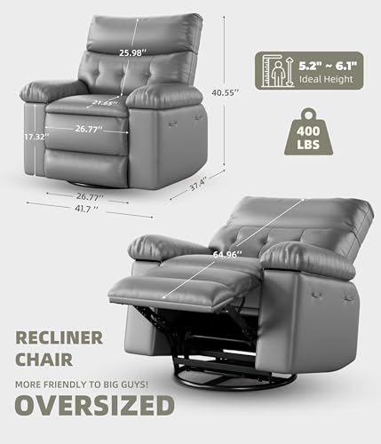 GarveeHome Oversized Leather Recliner Chair, Swivel Rocker Manual Recliner for Adults, Lazy Rocking Chair with Comfort Arms and Back Single Sofa for Living Room
