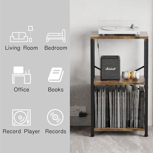 YAKANJ End Table with LED Light,Record Player Stand with Albums Storage,Vinyl Records Storage,Turntable Stand Side Table for Music Room Studio Living Room Bedroom-Retro YAKANJ