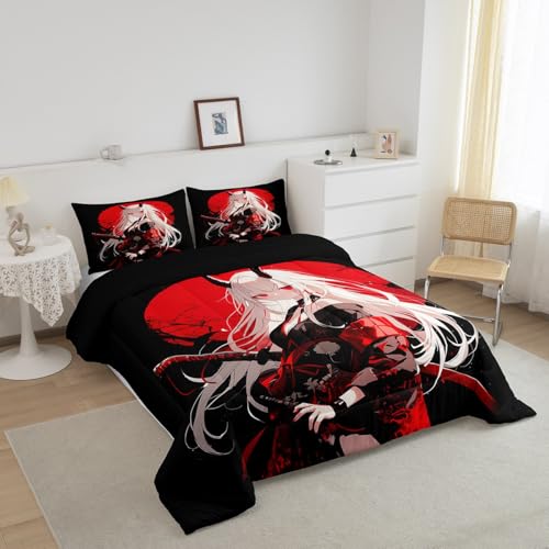 Erosebridal Twin Japanese Anime Bedding Set for Kids, Anime Girl Comforter Set Kawaii Japanese Style Duvet Insert Cartoon Japan Animation Quilt for Boys Teens Adult Women Bedroom, Red Black Erosebridal